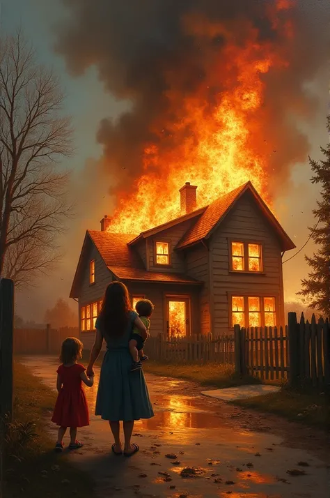 A painting painting house on fire mother son daughter watching the house catch fire