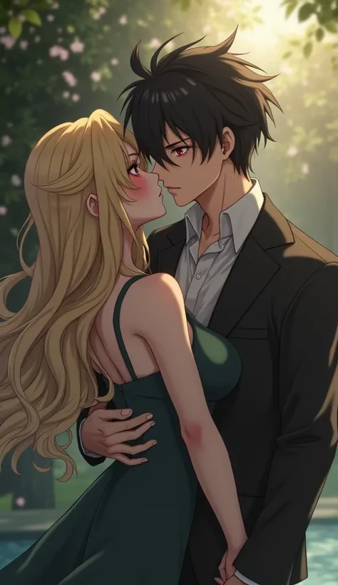 Man with black hair and red eyes kissing a woman with long blonde hair anime version 