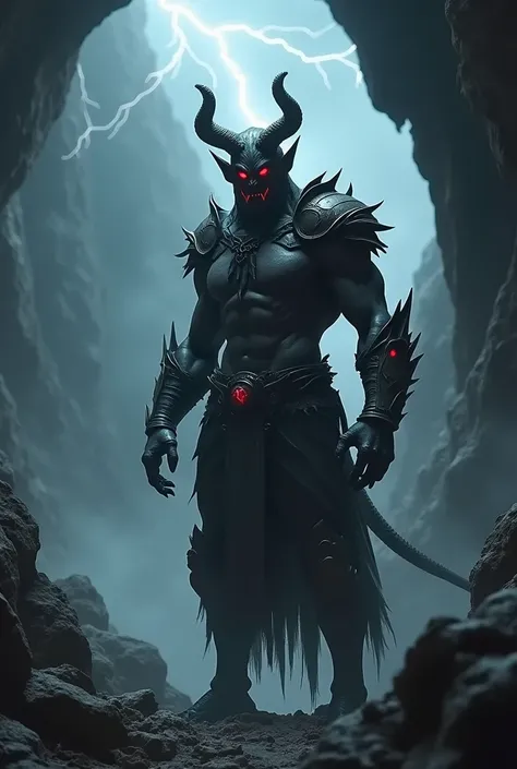 A ultra HD, very clear 4k quality realistic and cinematic seen"Kalagati, a menacing demon, stands in a dark cave with jagged rocks around him. His skin is dark and smoky, his eyes glow red with malevolence, and he has large, curved horns on his head. His b...