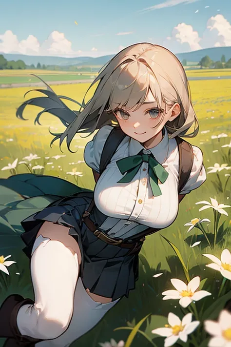 female、Older sister、 calm 、kind、Ladylike、 Calm 、 slender、 Adventurer Apprentice 、Immature Skills 、 Knee High Boots 、 Pleated Skirts、 suspenders、belt、 Big Breasts 、Thighs、smile、Flower Field、hill、spring breeze