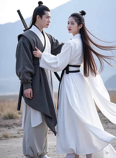 
professional photo, portrait of a handsome 25 year old Korean man with hair in a bun, wearing a sninobi costume complete on the right side and black on the left side standing with a sharp gaze, behind his back is a katana sword, standing with a beautiful ...