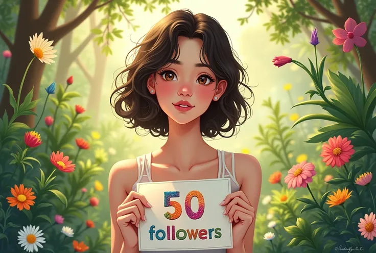 (masterpiece, best quality:1.2), 1girl, solo, batik, garden background, flower, text lighting " PurianithaA" , holding sign with colorful text "50 followers"