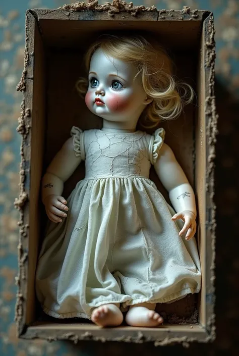 Broken blonde porcelain doll inside a doll box