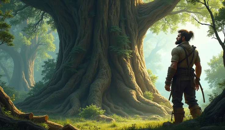 Woodcutter looking at a giant tree