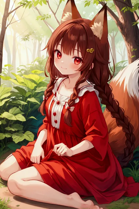  girl、Brown Hair、Fox ears、Fox Tail、Red Eye、 braided 、smile、 One Piece Dress、barefoot、forest