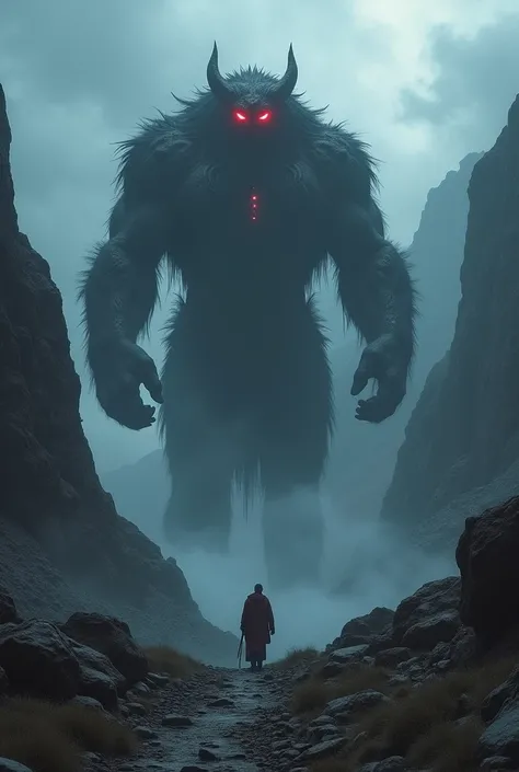 A ultra HD, very clear 4k quality realistic and cinematic seen""Kalagati walking through the dark, rocky mountains near Veerpur. The jagged rocks and dark clouds in the sky create a foreboding atmosphere. Kalagati’s glowing red eyes pierce through the dark...