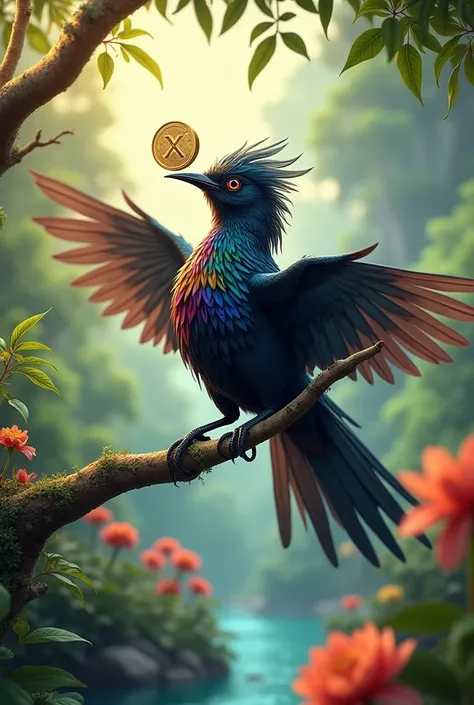 Realistic beautiful paradise black bird , Dancing on brach of tree, holding X-Coin in beek , Bird color red blue yellow green