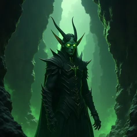 Elfo gótico maligno verde realistic, anime, realistic, inside a cave with armor and a green glow
