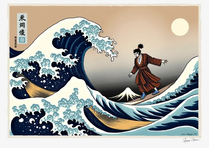 A kabuki actor is surfing with a big pose, the background is Hokusais "Under the Great Wave off Kanagawa", Mount Fuji is in the distance, but there is no boat.