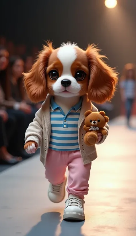  walks like a human on the fashion runway takes the lead role 。 The dog looks like a Cavalier King Charles Spaniel puppy、 has a soft brown and white coat and a human-like figure 。 with blue and white stripes on the shirt A cute dog that wears a cardigan 、 ...