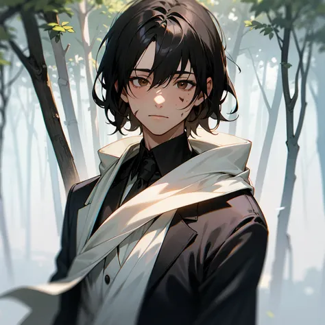  1 boy ,  Short black hair  ,Brown eyes,White scarf,forest,daytime, Traces of wounds on the face,Black Wedding Suit
