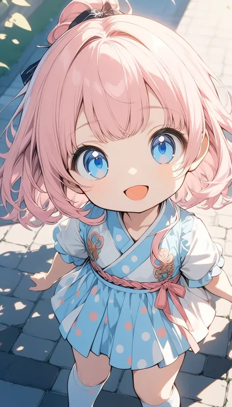 Anime Style,  super detailed illustration,  very detailed, beautiful, 8k,

( Alone),  Cute Baby Face , Super cute,Open your mouth, Best smile, (Uljang fashion :1.4), (Outdoor, Town Street)
, Pink Hair, short linear bang, smile, blue eyes,
,  forefoot pose ,  cabelo o olho esquerdo 
,(Spotted sunlight:1.2),Blur,( The depth of boundaries is written:1.1), head tilt ,(Thigh high socks thigh high:1.3),( upper body:1.3)