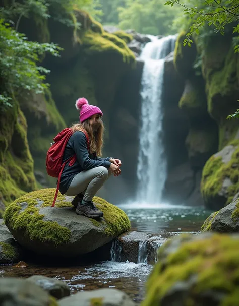 A 24 years old young woman is crouching above a big rock near a small waterfall in a lush, green landscape. She is wearing a pink beanie, a long-sleeved gray and black top, and light-colored pants. A red jacket is draped over her shoulder. The waterfall ca...