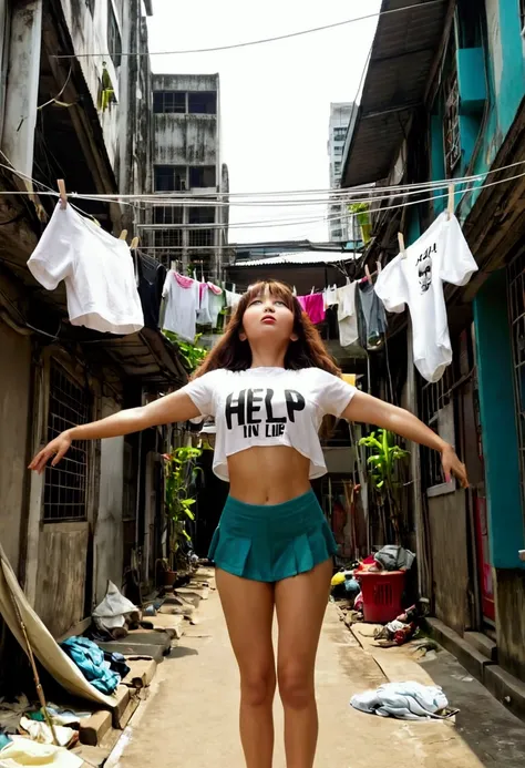 A cute woman (sexy cat girl outfit, sexy, struggling, asking for help) is holding onto a clothes line far above the ground, she is struggling to hold on and begging for help. HANG IN THERE is written clearly across the top of the screen, seaart is written ...