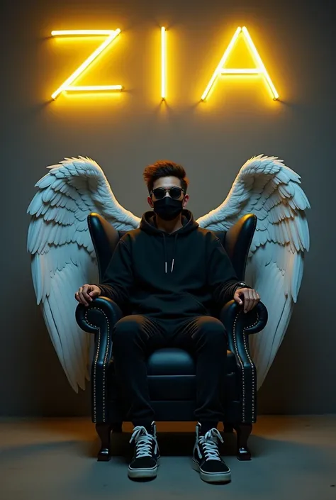 create a 3D illusion for a profile picture where a 25 Year old cute boy in a black hoodie sitting casually on a wing back chair.wearing sneakers with black mask and sunglasses, he looks ahead. the background features " Zia ur Rehman" in big and Capital yel...