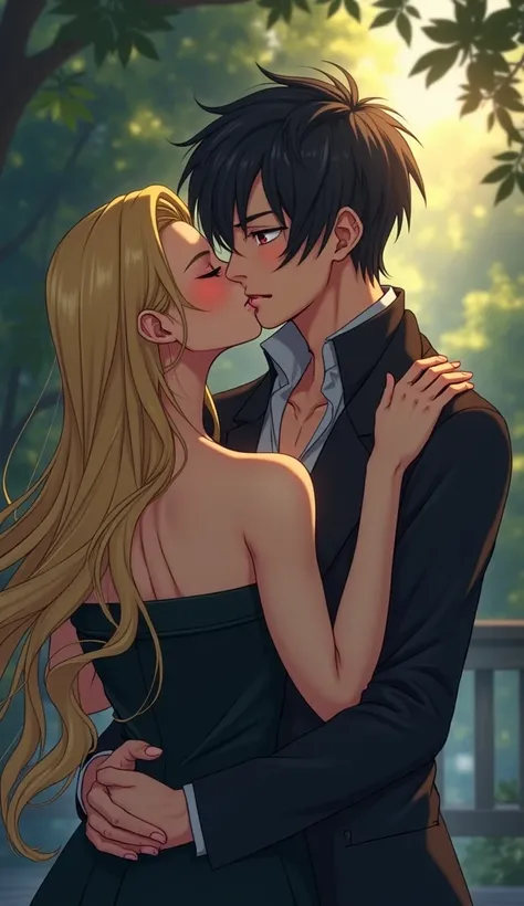 Man with black hair and red eyes kissing a woman with long blonde hair anime version 