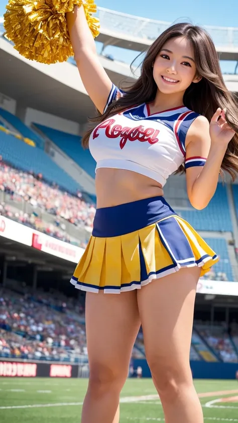 a beautiful cheerleader with long brown hair,japanese female,a cute face,and a big smile,wearing a sports uniform with a very short pleated mini skirt,holding large pompoms in both hands,posing in a stadium background,with highly detailed anatomy,realistic...