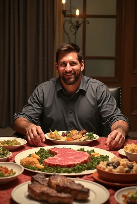 Messi is sitting on a table in a hotel.His table has many kinds of food, meat, fish and other food.Messi is eating the food and she has become very fat