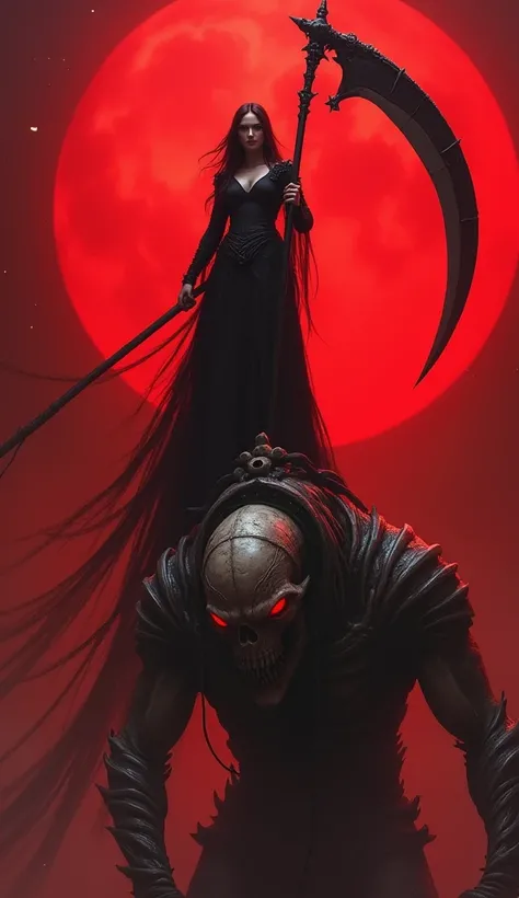 Woman A big scythe Red aura On top of a red-eyed alien A skull on his shoulder White stripes on his arms 

