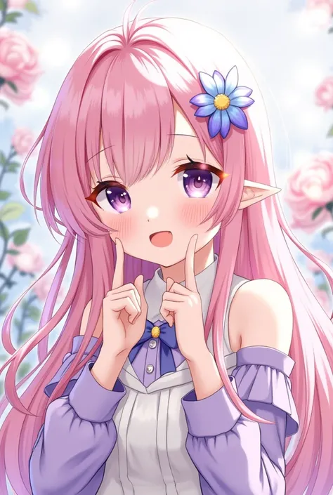  1 girl,  high resolution , smile, My hair is very long., Purple eyes, Spiked ears ,  Dutch English ,  pink hair, blue highlights , She is a fairy ,  Beautiful hair-flower background, Hair clip,  with flowers on her head ,  flickering light ,  Ani Me , 2D