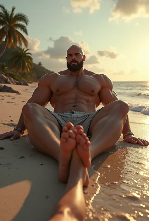  giant bodybuilder , Very beautiful, closed, sexy, Are you lying relaxing on the beach , barefoot.  A normal-sized male friend lying in front of the giant with his feet leaning against each other.  The difference in size between the feet is quite large .