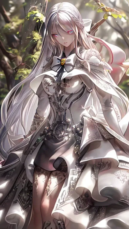 ((  silver hair)),  very detailed face and eyes ,  very long hair,  jewelry, masterpiece, textured skin, (Super detailed),  Award-winning , ( best quality),, in forest,  tree々 sunlight shining through between  , whole body,  beautiful legs, hunting, Bow an...