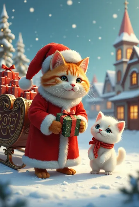 Santa Claus the cat 、 help the lost white kitten、 distribute presents together 、 The background is a snowy town、It looks like fun to ride a sleigh 