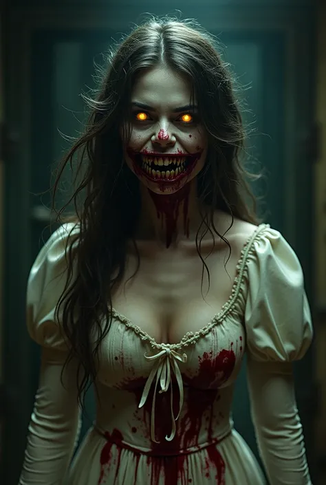 A terrifying, supernatural zombie-like woman with decayed skin, glowing yellow eyes, and sharp, fang-like teeth. Her unkempt hair flows wildly, and she wears a tattered, blood-stained Victorian-style dress. The background is dark and eerie, evoking a haunt...