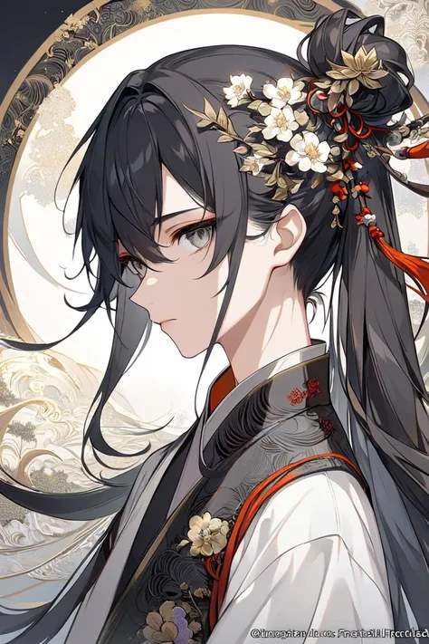 (masterpiece,  Top Quality ,  Top Quality , Official Art,  beautiful and aesthetic :1.2),(1 :1.3), (Fractal Art:1.3),Upper body, Shota, pattern,  black head, Long hair, Half-tied hair, Hair tied in half, Gray eyes, No chest ,  ancient Chinese oriental styl...