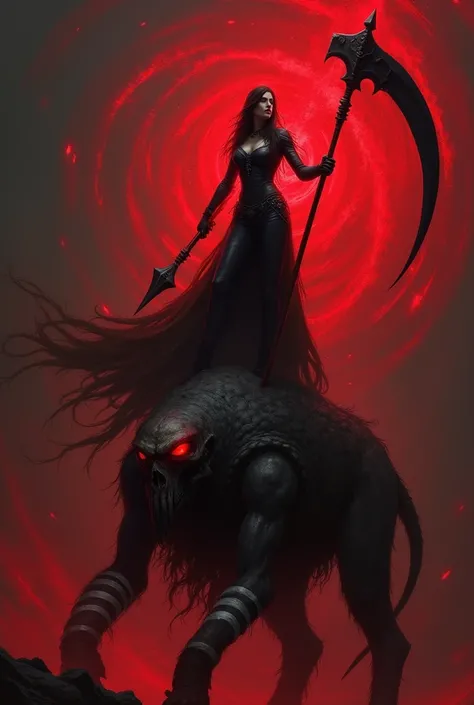 Woman A big scythe Red aura On top of a red-eyed Avatar Joe A skull on his shoulder White stripes on his arms 

