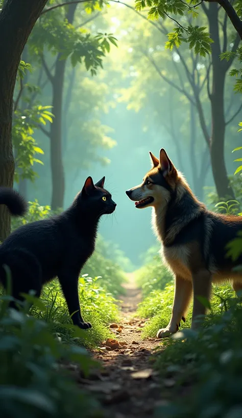 A black cat and a dog standing face to face in the forest Indian scene