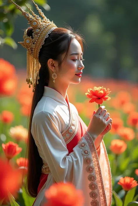 nangsita, Thai tradition dress, detail dress, Royal Thai Headpiece with delicate garlands hanging from it, standing amidst a vibrant royal flower garden with blooming Thai flowers in vivid colors. She gently holds a flower in her hand, her dress adorned wi...