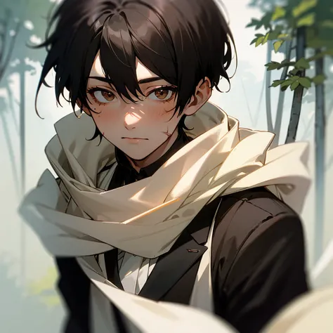  1 boy ,  Short black hair  ,Brown eyes,White scarf,forest,daytime, Traces of wounds on the face,Black Wedding Suit
