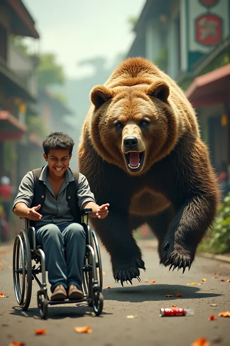 Bear chasing wheelchair using Coca cola in Bogor