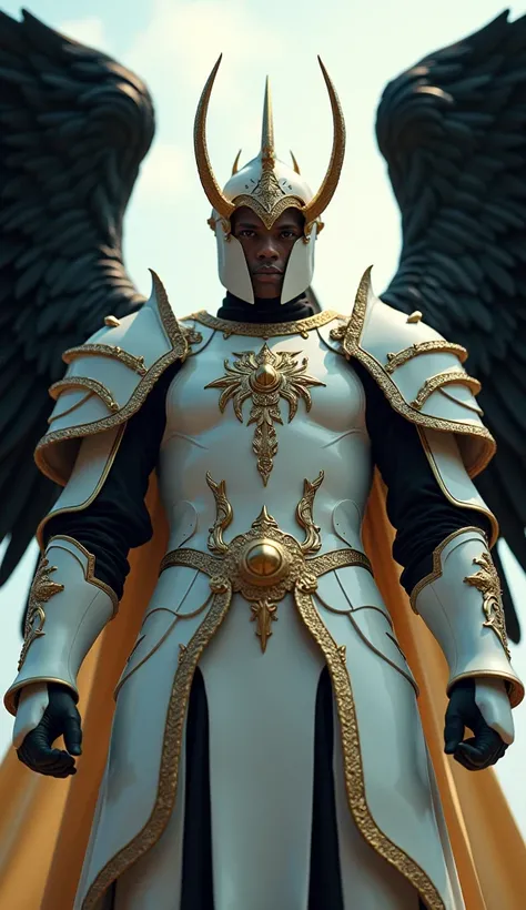 features a representation of an incredible angel of domination in white ceramic armor and helmet covered with gold ornaments, large black feather wing. serious face staring at the camera. camera point of view and side . fhisheye effect. with ultra-realisti...