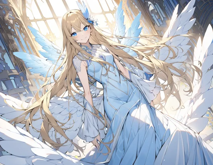 Archangel adult girl anime Blonde hair and blue eyes　Light blue clothes　Long skirt　Feather hair ornament　bright　smile　Wings are growing　White boots　slender　Girl　cute　Long Hair sexy body