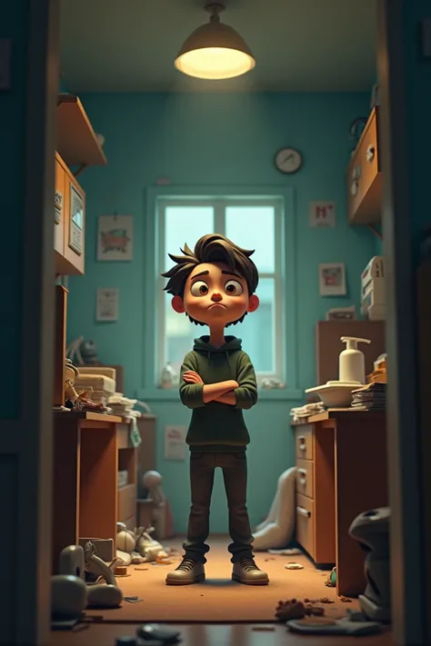 A person standing in the middle of a small, cluttered room with a thoughtful expression, looking around as if realizing how small the space feels.
Generate in cinematic 3d cartoon style