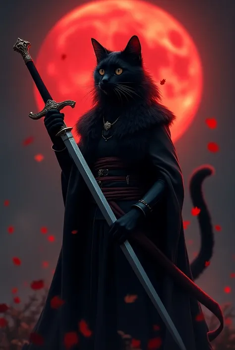  best quality, High Quality, A black cat with a beautiful glossy coat , about a cat , slightly anthropomorphic , holds up a long sword ,,Elegant like an aristocrats daughter ,Long black hair that reaches down to her waist, A black cat with beautiful fur on...