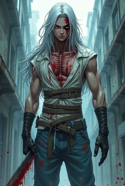 I want a very tall and muscular male teenager as well as two faces he has two faces, one good and one bad, his hair is silver in color, it is very long, beating up to the waist, he is wearing a stained white straitjacket full of belt taken from a haunted m...