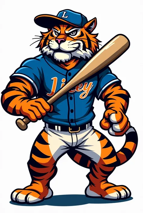 I need an image of Licey tigers to put on a t-shirt that is a tiger with team clothes and a very strong white background that the shirt is indigo blue and has the Licey logo and a bat in the hand and a baseball glove in the other
