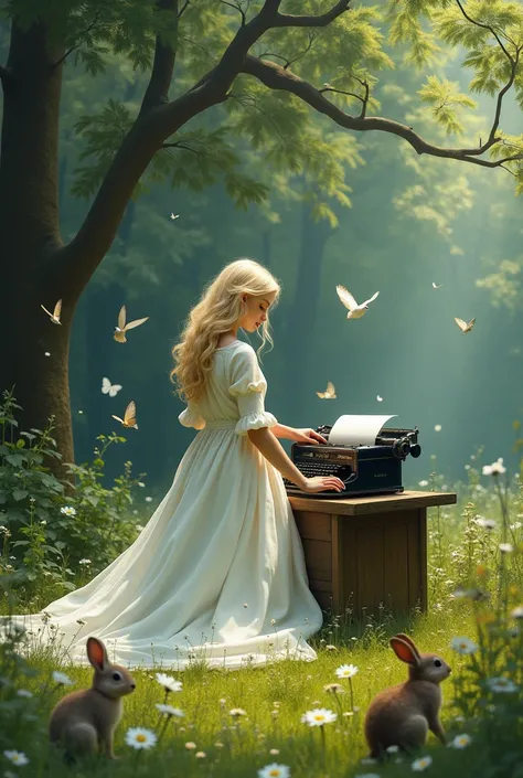 blonde woman wearing a long white dress covering her whole body without showing nudity shot from the back typing on a typewriter in a meadow in the forest, along with birds, butterflies, a bunny and a squirrel