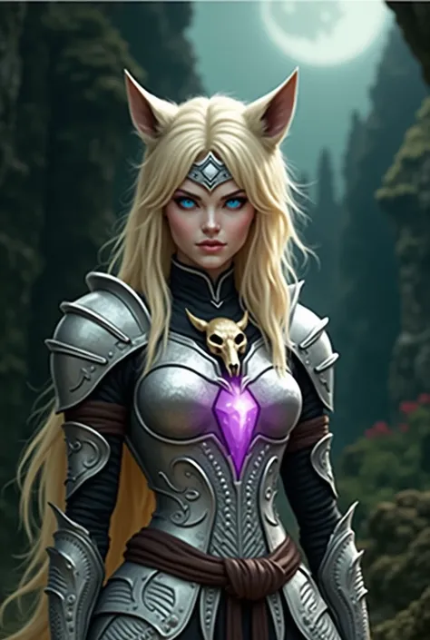 Fantasy, medieval, female, wolf ears, blonde hair, silver armour,Patterns on the armor, Skull Mask, Wolf Skull Mask, A necklace with a shining crystal, A necklace with a shining purple crystal, Shining blue eyes