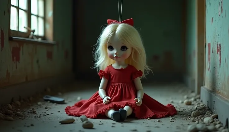 A doll, a female doll, blonde hair, a pretty face, in an abandoned house, a nice red dress, 1girl, sitting, empty gaze, a puppet