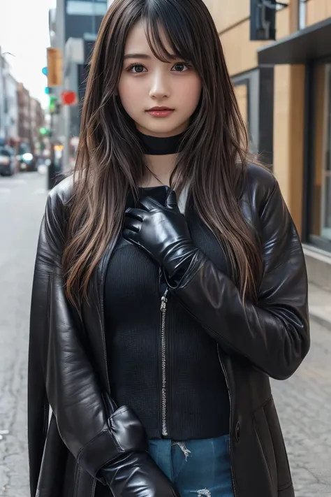 (8k, RAW Photo, Highest Quality, High Resolution:1.1), (ultra-realistic:1.4),(Realistic, Realistic:1.3),Japanese Beauty, Outdoors, A girl wearing an elegant dark violet long coat, a knit top and a houndstooth mini skirt, pumps,((Upper Body Position Street ...