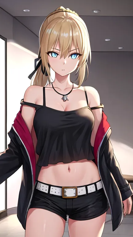 1girl, solo, blonde hair, yellow eyes, bangs, breasts, braid, sidelocks, medium breasts, hair between eyes, long hair,  ponytail, cleavage, collarbone,
BREAK ribbon, hair ribbon, bare shoulders, belt, black jacket, jacket, jewelry,  necklace, off shoulder,...