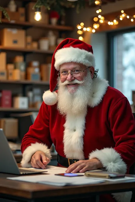 Une photo du père Noël travaillant dans un bureau de poste