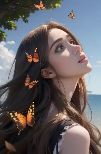 (woman\(student, , jk, long hair, colorful eyes, pale skin，) look up to the sky), (many butterflies flying in the air), beautifu...