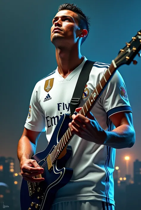 CREATE THE IMAGE OF CRISTIANO RONALDO IN THE REAL MADRID UNIFORM PLAYING A GUITAR