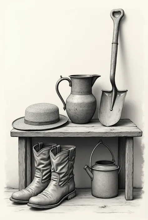 Generate a drawing of a table where long boots (farmer use), earth shovel, watering pot, a farmer straw hat are put. All the stuffs must be put on the table. Make it like a pencil-drawn drawing.