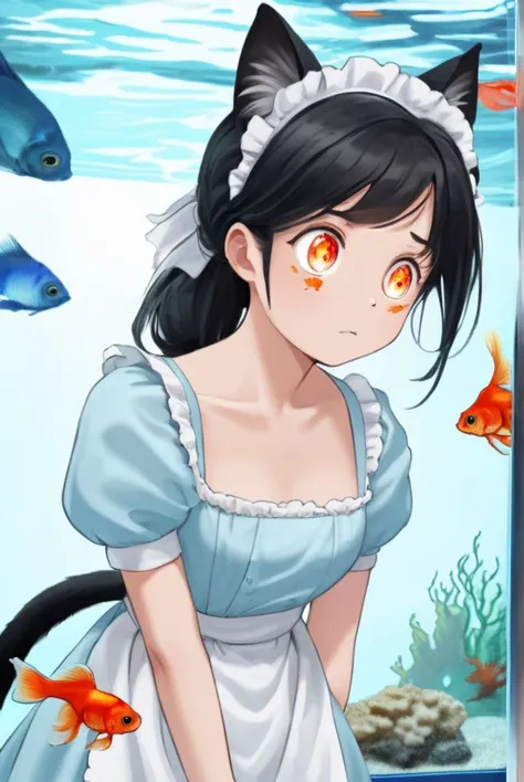  black hair, cat ears,  cat tail, Light blue maid outfit,   Aquarium , goldfish, Sparkling Eyes, girl gazing at   Aquarium 